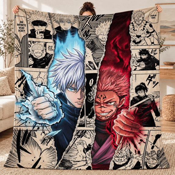 JJK Anime Character Collage Blanket, Dark Fantasy Manga Style Fleece ...