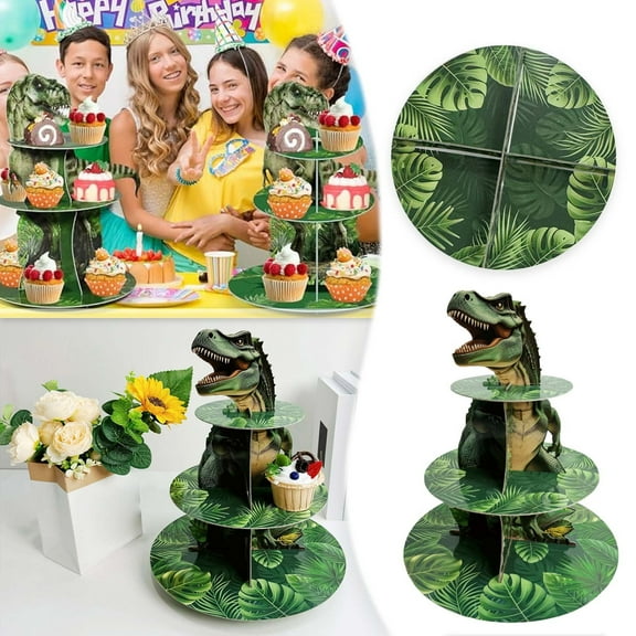 JJKBV Dinosaur Cupcake Stand Decorations 3 Tier Sturdy Cardboard Cupcake Holder Toppers For Girl Boy Birthday Party Dinosaur Jungle Theme Party Dessert Tower Supplies