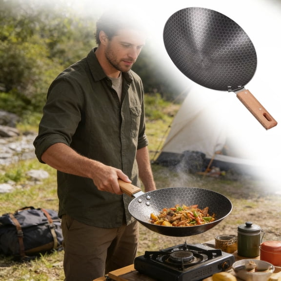 JJKBV Small Stainless Steel Outdoor Camping Wok with Wooden Handle High Temperature Non Stick