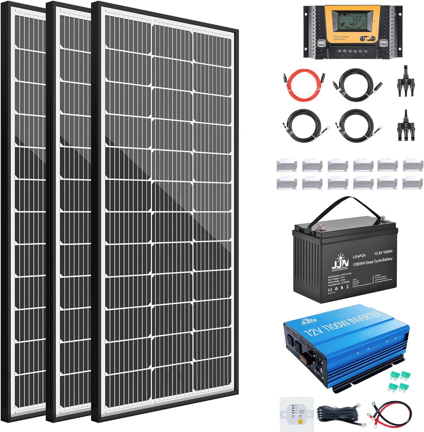 JJN 300W 12V Solar Panel Kit for RV, Trailer, Camper, Marine, Off Grid