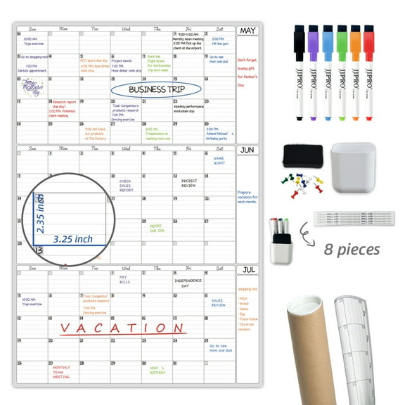 JJPRO Dry Erase Wall 3 Month Blank Calendar, 38" x 26", Multicolor