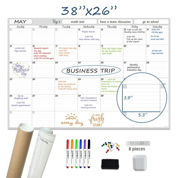 JJPRO Dry Erase Wall Calendar - 38x26 Inches - Blank Undated Monthly Calendar(Never Folded) - Whiteboard Premium Laminated Monthly Planner - Reusable Office Jumbo Monthly Calendar