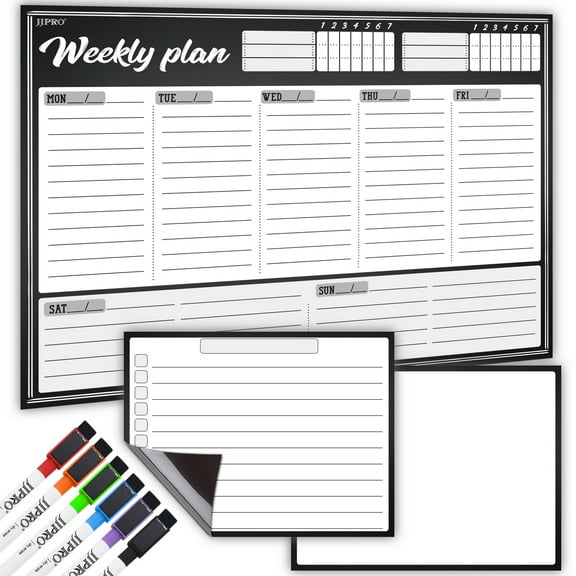 JJPRO Large Magnetic Dry Erase Weekly Planner White board with 6 Markers