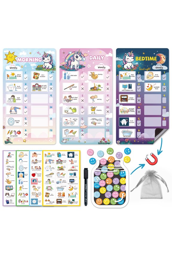 Magnetic Bedtime/Morning/Daily Reward Routine Chart for Kids with Reward Jar-Bedtime Routine Chart,Reward Jar for Kids,Daily Checklist Reward Chart for Toddlers,Visual Schedule Board -Unicorn