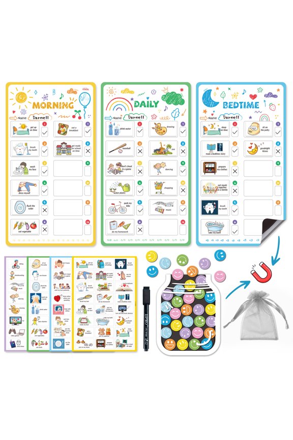 Magnetic Bedtime/Morning/Daily Routine Chart for Kids with Reward Jar-Morning Routine Chart,Daily Checklist Reward Chart for Toddlers,Reward Jar for Kids,Cute Visual Schedule Board for Home