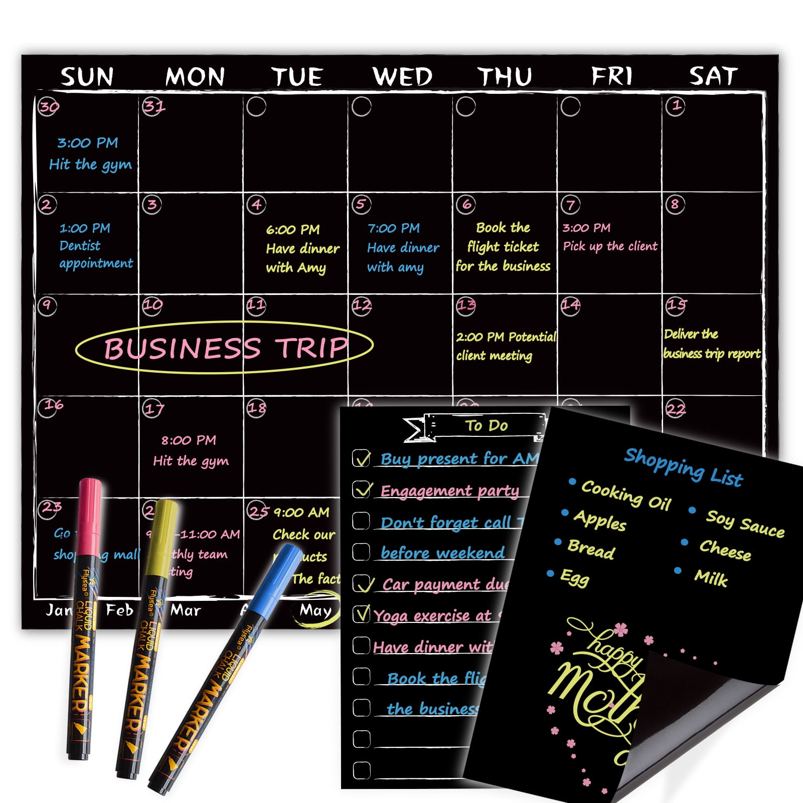 Black Magnetic Monthly Calendar with Neon Markers and Notes