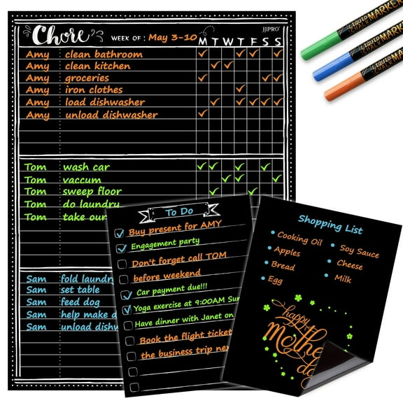 JJPRO Magnetic Chore Chart Chalkboard with 2 Bonus Dry Erase Pads and 3 Liquid Chalk Markers, 3 Count