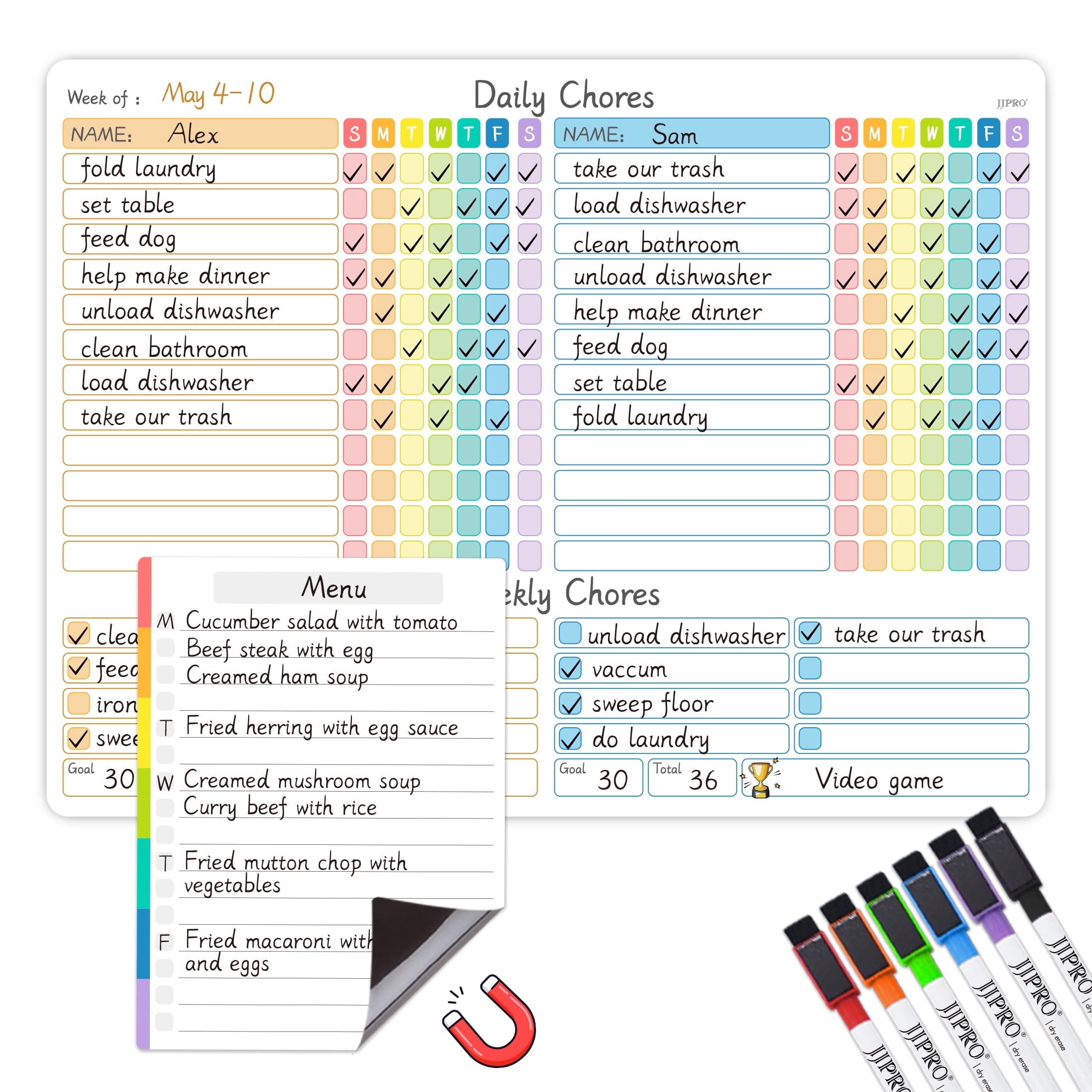JJPRO Magnetic Dry Erase Chore Chart Set for Fridge. Family Chore Chart ...