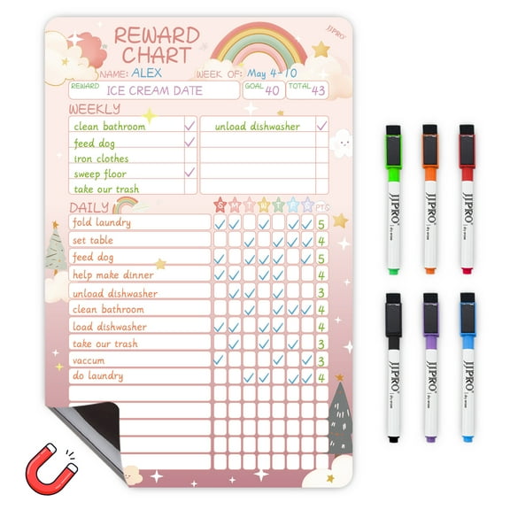 JJPRO Magnetic Dry Erase Chore Chart for Fridge-Used for Kids Behavior-Reward Chart for Kids,Teenagers,Reward Chart with 6 Markers-Rainbow