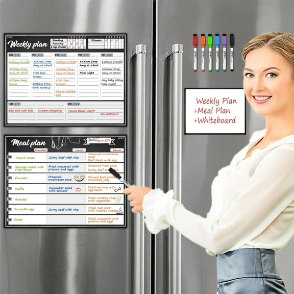 JJPRO Magnetic Dry Erase Meal Planning Whiteboard for Refrigerator - Magnetic Weekly Planner for Fridge- One Bonus Notepad Whiteboard and Markers Included
