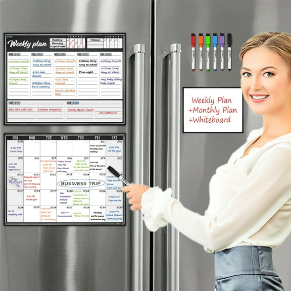 JJPRO Magnetic Dry Erase Monthly Calendar for Refrigerator-Dry Erase Weekly Planner Whiteboard for Fridge-One Bonus Notepad Whiteboard -Month&Week Calendar Refrigerator Organizer