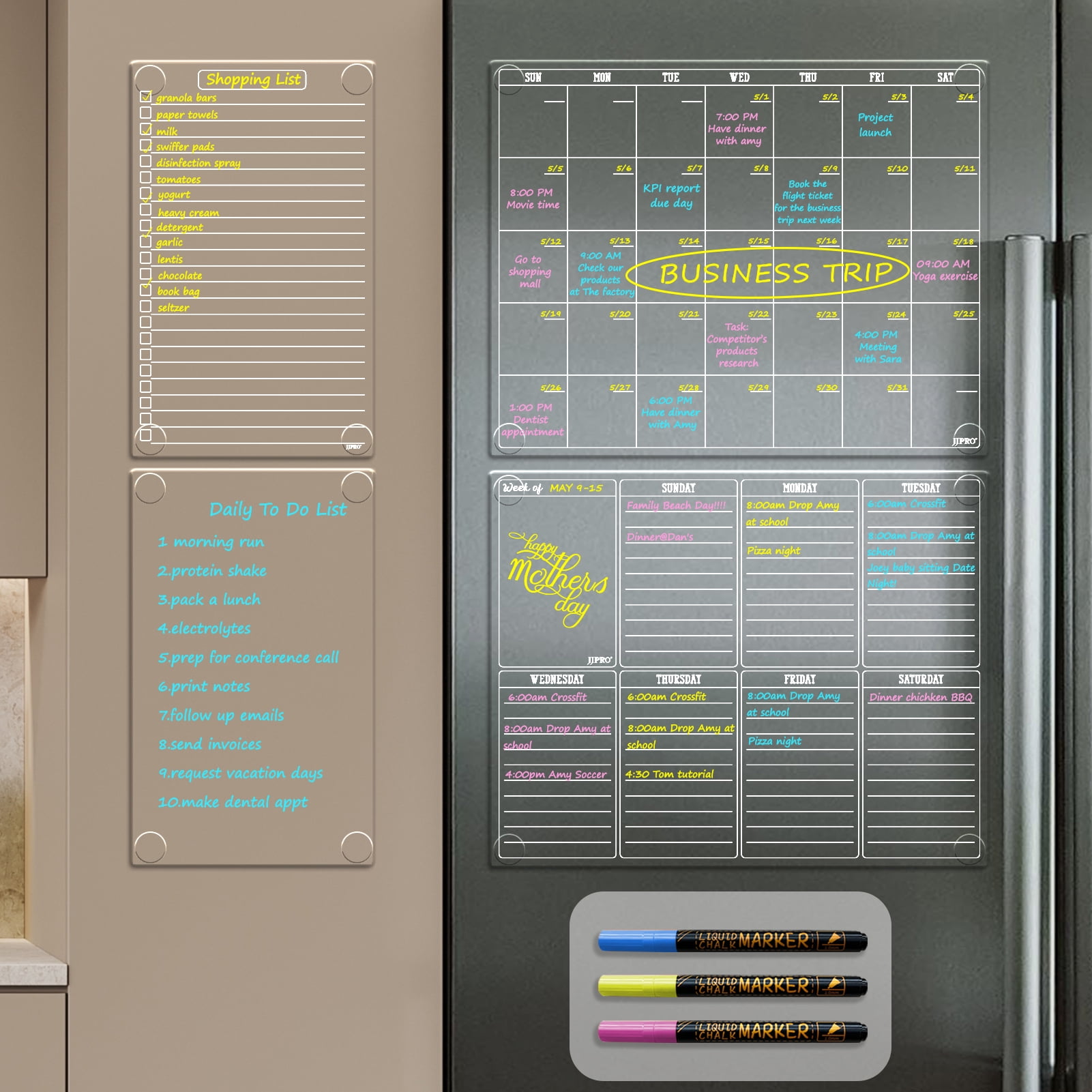 JJPRO Non Magnetic Dry Erase Calendar for Fridge-Reusable Monthly&Weekly Planning Board, List and Blank Board for All Smooth Surfaces. Clear Reusable Board Sticks to Fridge,Wall,Door&Glass