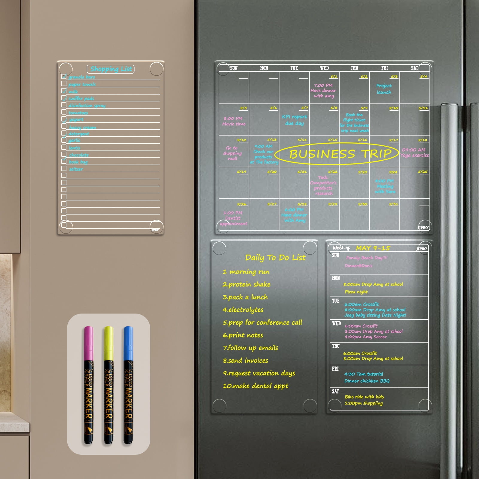 JJPRO Non-Magnetic Dry Erase Monthly Calendar for Fridge-Clear Monthly Calendar, Weekly Planner, List and Blank Board. Clear Reusable Calendar Stick to Fridge,Cabinet,Door&Glass
