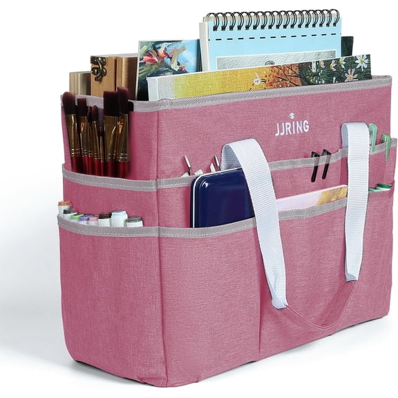 LAVFOX Large Craft Organizer Tote Bag, Multi-Pocket Art Storage Caddy Bag for Sewing, Scrapbooking, and Painting, Portable Roomy Desktop Utility Organizer for Medical and Office Supplies, Pastel Pink