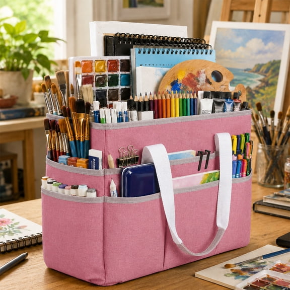 LAVFOX Large Craft Organizer Tote Bag, Multi-Pocket Art Storage Caddy Bag for Sewing, Scrapbooking, and Painting, Portable Roomy Desktop Utility Organizer for Medical and Office Supplies, Pastel Pink