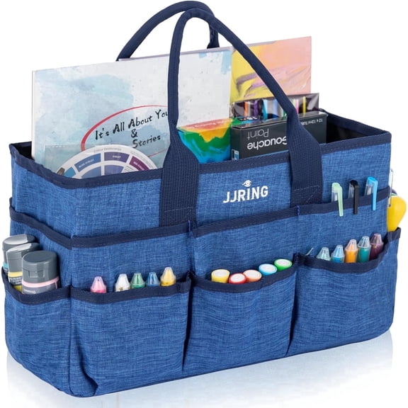 JJRING Large Craft Tote Bag Organizer, Blue Portable Art Storage Caddy with Multiple Pockets for Sewing, Scrapbooking, Medical & Office Supplies