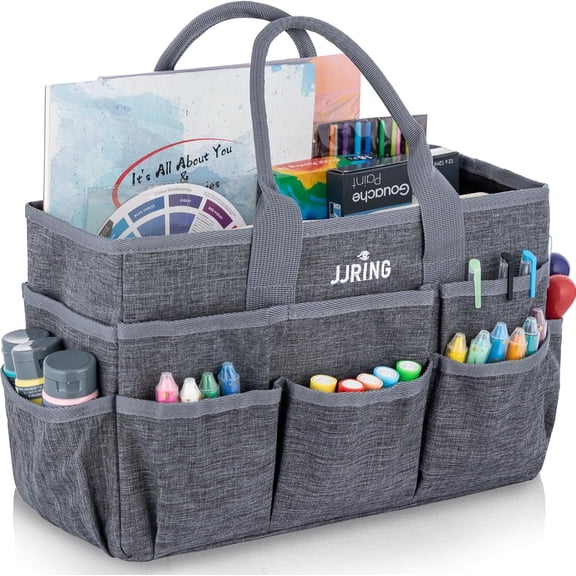 JJRING Large Craft Tote Bag Organizer, Grey Portable Art Storage Caddy with Multiple Pockets for Sewing, Scrapbooking, Medical & Office Supplies