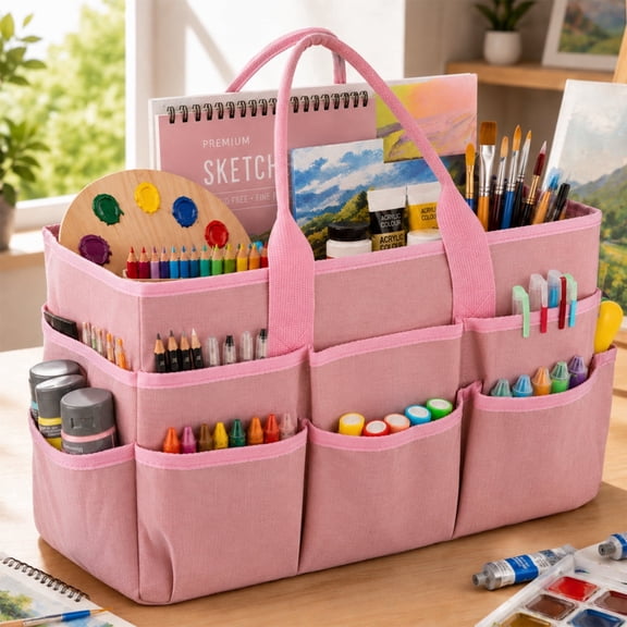 LAVFOX Large Craft Organizer Tote Bag, Portable Art Storage Caddy with Multiple Pockets, Pink