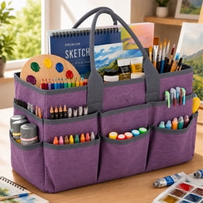 LAVFOX Craft Organizer Tote Bag, Portable Art Storage Caddy with Multiple Pockets, Purple
