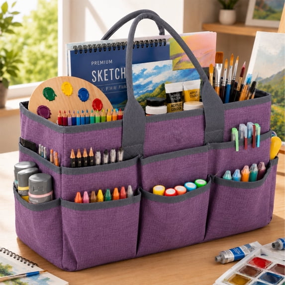 LAVFOX Large Craft Organizer Tote Bag, Portable Art Storage Caddy with Multiple Pockets, Purple