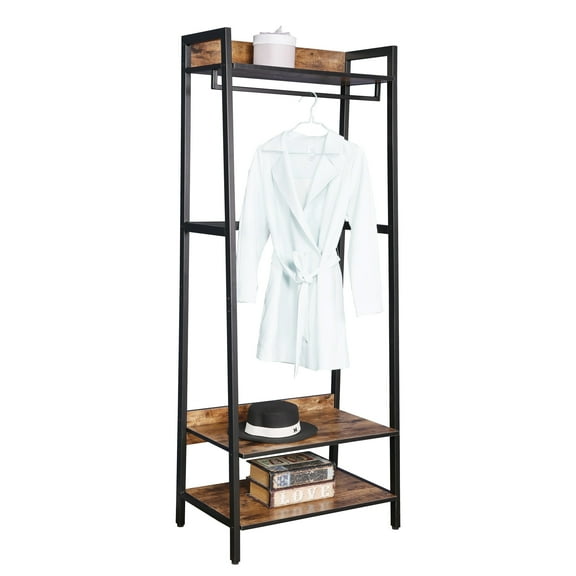 JJS 25.2" Wood & Metal Entryway Coat Rack with Storage Shelves in Rustic Brown