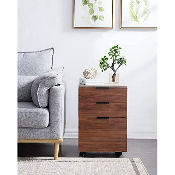 JJS 3 Drawer Rolling Wood File Cabinet with Locking Wheels, Home Office Portable Vertical Mobile Wooden Storage Filing Cabinet for Letter Size,