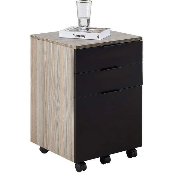 JJS 3 Drawer Rolling Wood File Cabinet with Locking Wheels for A4 or Letter Size Black Drawer