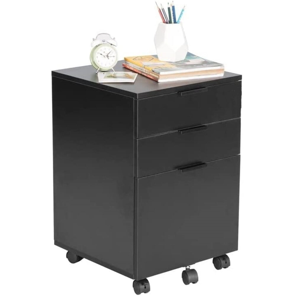 JJS 3 Drawer Rolling Wood File with Locking Wheels for A4 or Letter Size Black