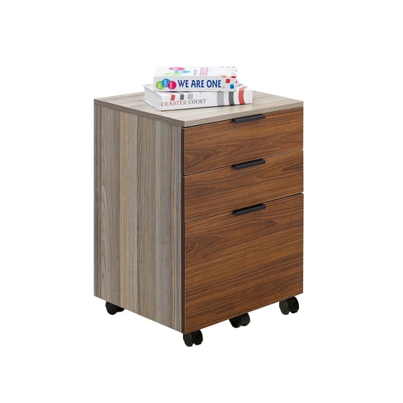 JJS 3 Drawer Rolling Wood File Cabinet with Locking Wheels for A4 or Letter Size Brown Drawer