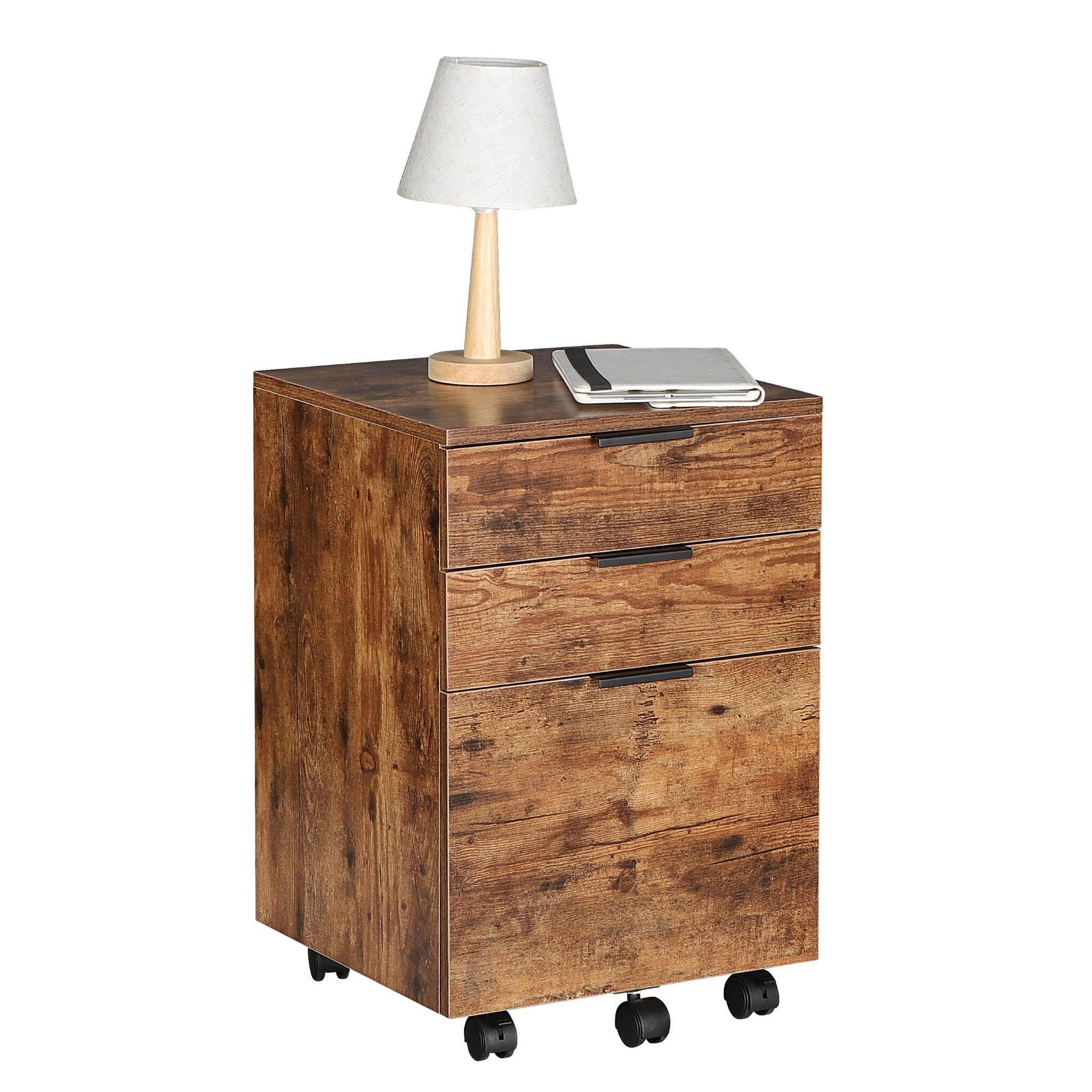 JJS 3 Drawer Rolling Wood File with Locking Wheels for A4 or Letter Size Rustic Brown