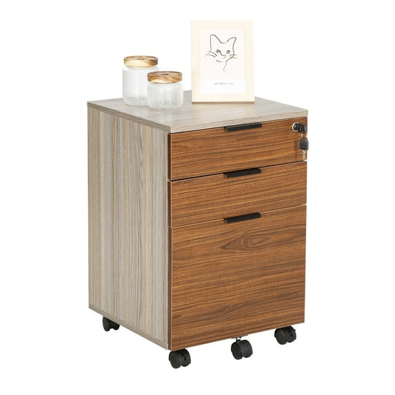 JJS 3 Drawer Rolling File Cabinet Wooden Storage with Lock & Wheels Brown Drawer