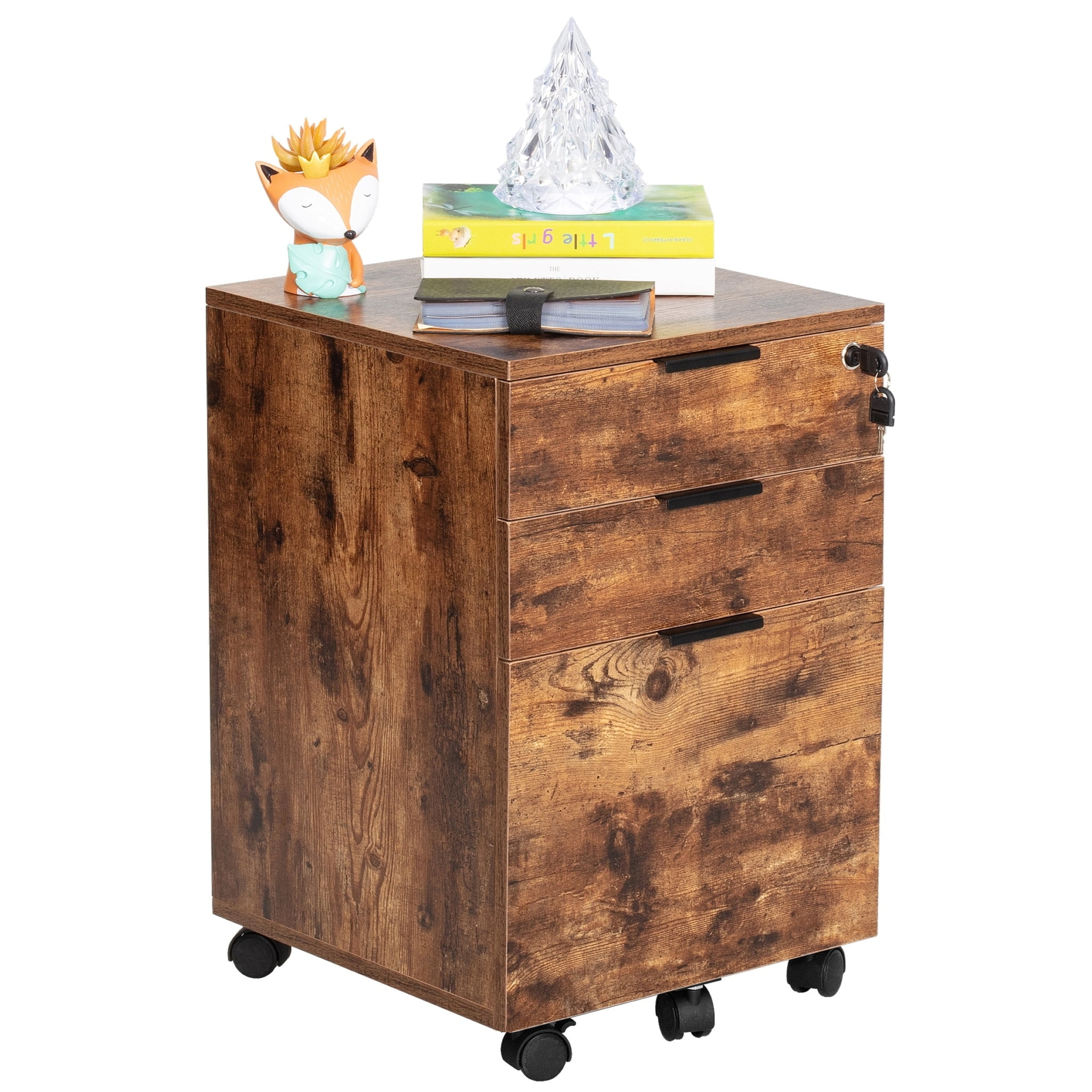 JJS 3drawer Rolling Wood File with Lock Rustic Brown