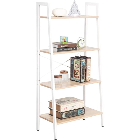JJS  4-Tier Bookshelf, Freestanding Rustic Display Bookcase Storage Rack Shelf Plant Stand for Living Room Home Office, Oak/White