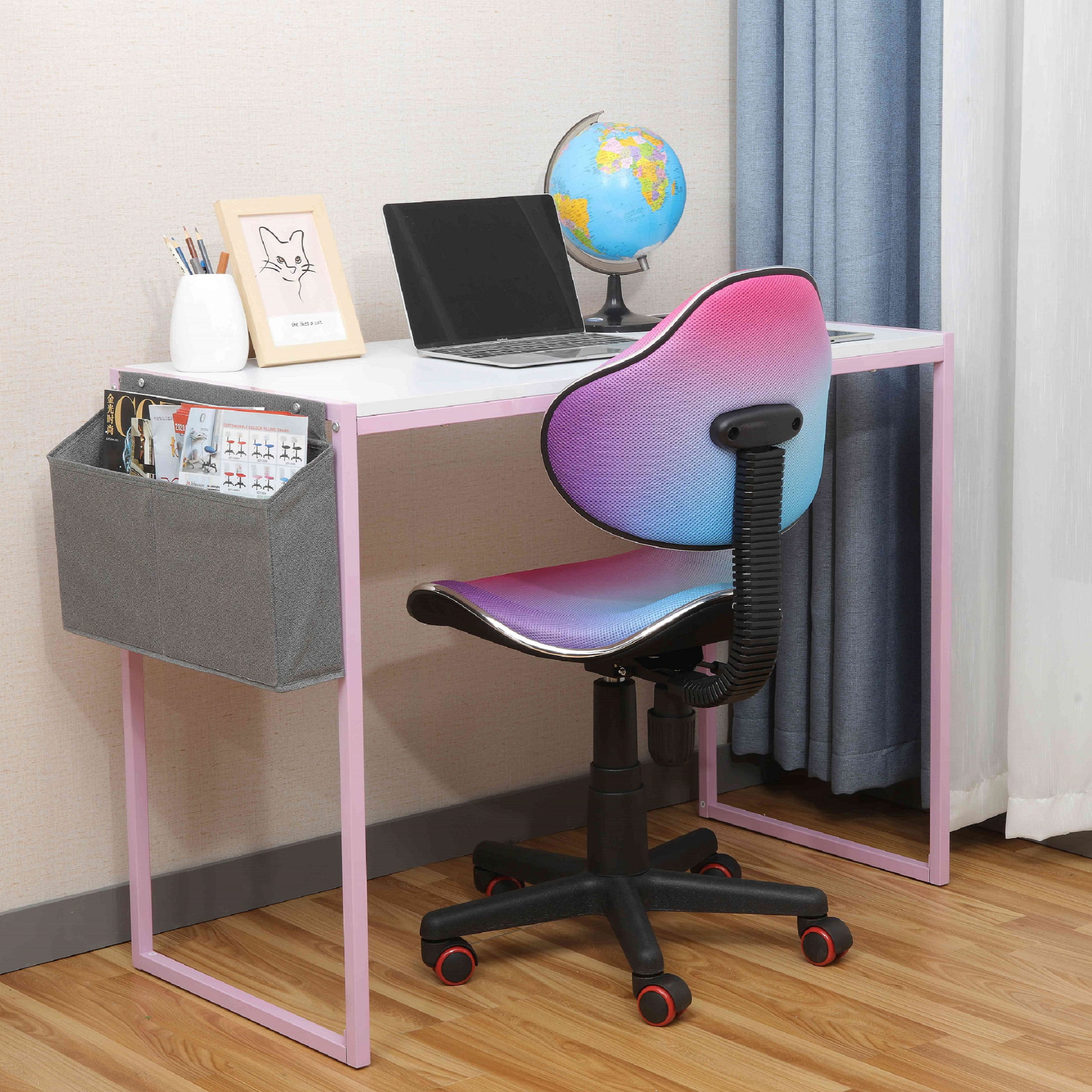 White and Pink Metal Writing Desk with USB Port and Drawer