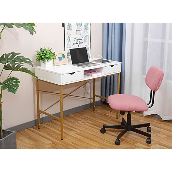 JJS 40' Writing Desk with Power Outlet, Home Office Contemporary Large Computer Desk Laptop Workstation with Drawer USB Ports Charging Station, White/Golden