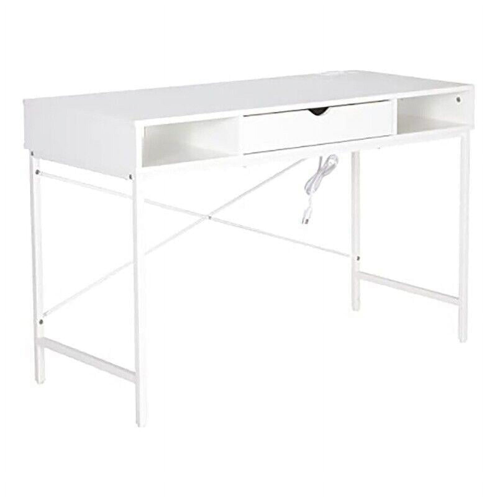 White Wood Writing Desk with Drawer, Power Outlet, and USB Port