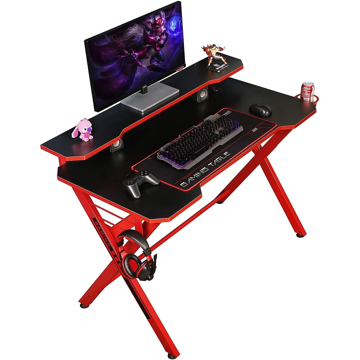 X-Shaped 48" Red Gaming Desk with Hutch, Cup Holder & Headphone Hook