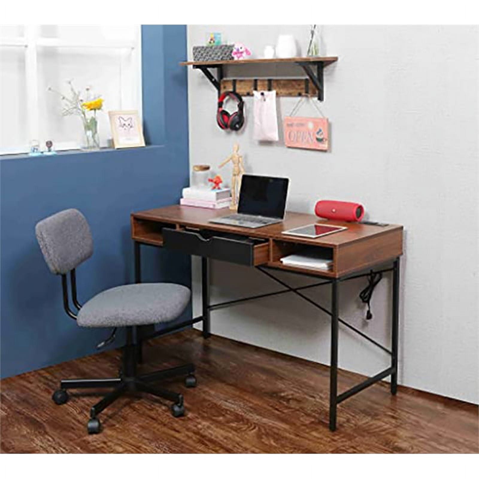 JJS 48' Writing Desk with Power Outlet, Home Office Contemporary Large Computer Desk Laptop Workstation with Drawer USB Ports Charging Station, Brown/Black