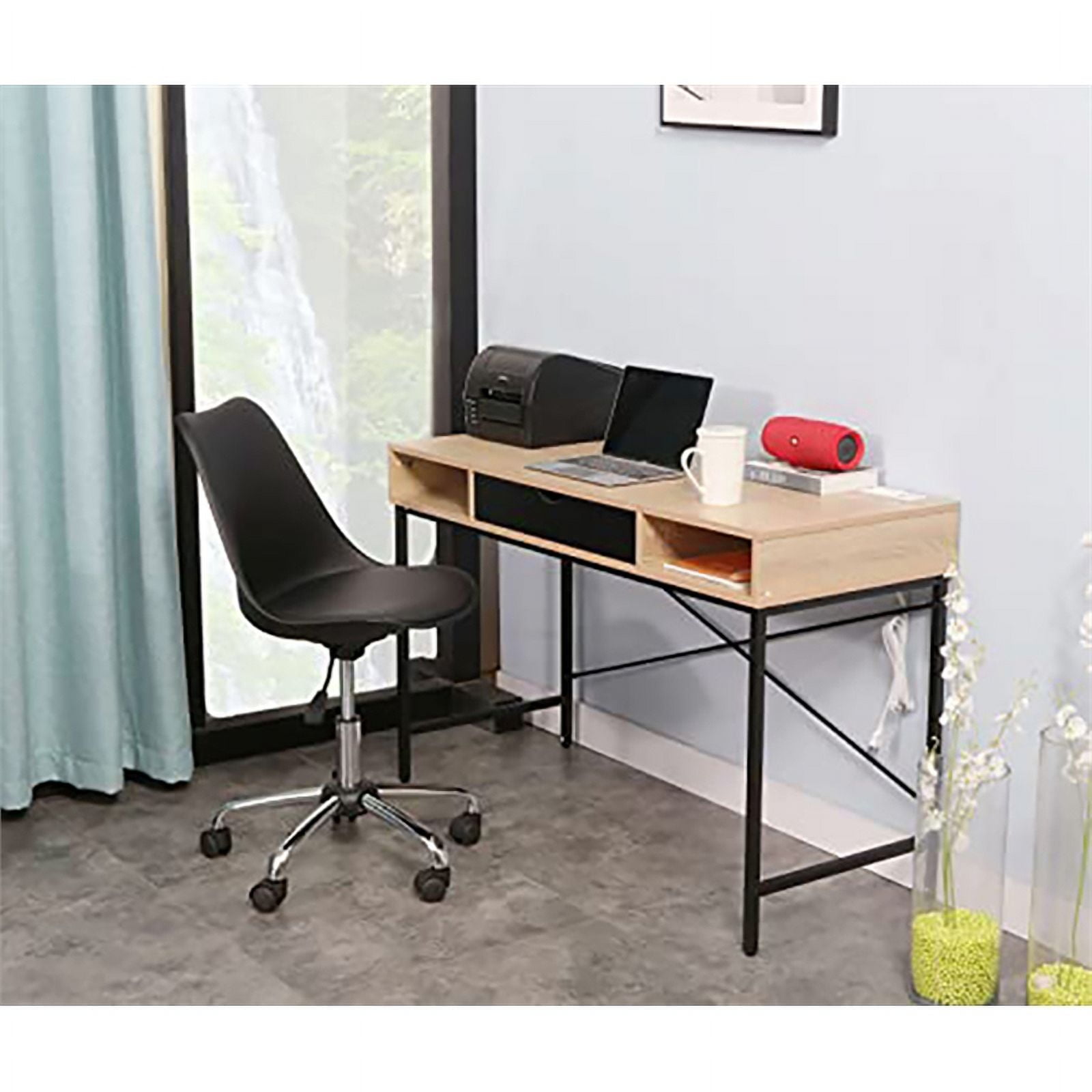 JJS 48' Writing Desk with Power Outlet, Home Office Contemporary Large Computer Desk Laptop Workstation with Drawer USB Ports Charging Station, Oak/Black