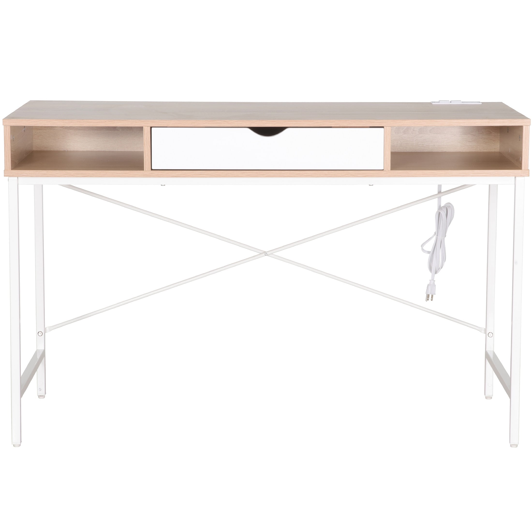 JJS 48' Writing Desk with Power Outlet, Home Office Contemporary Large Computer Desk Laptop Workstation with Drawer USB Ports Charging Station, Oak/White