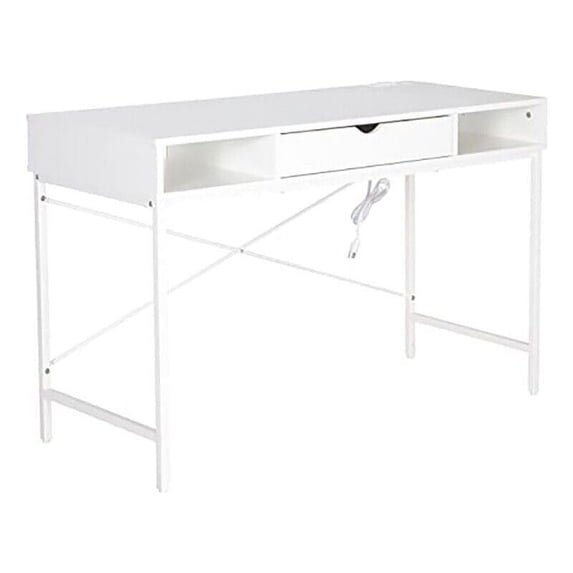JJS 48' Writing Desk with Power Outlet, Home Office Contemporary Large Computer Desk Laptop Workstation with Drawer USB Ports Charging Station, White