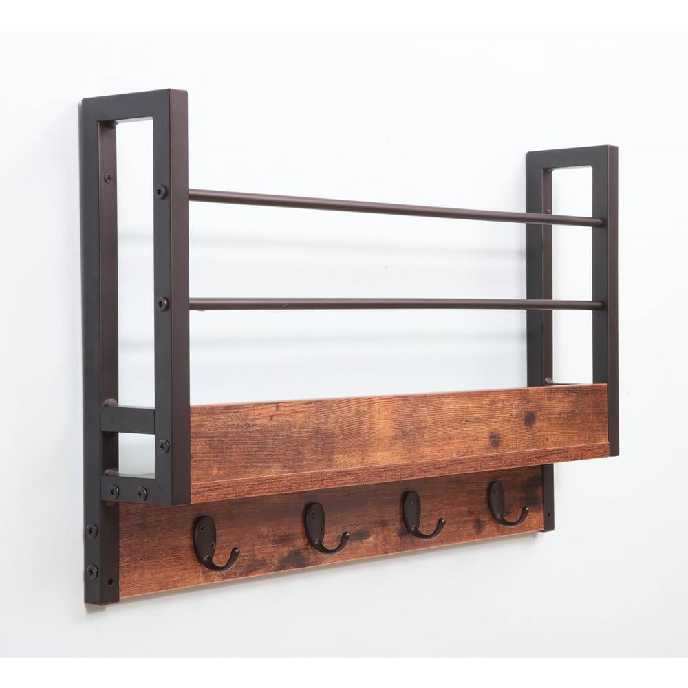 JJS Floating Book Shelf Coat Rack, Wall Mounted Storage Shelves with Coat Hooks Key Holder for Entryway Hallway Bathroom Living Room Bedroom, Rustic Brown, Set of 2…