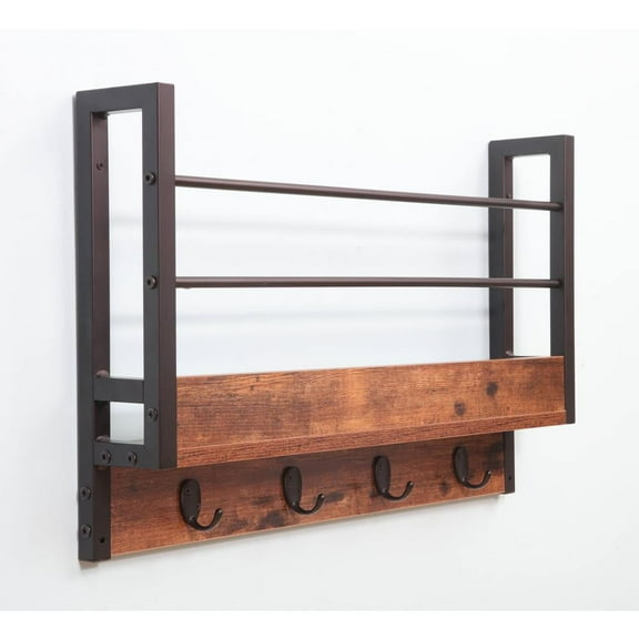JJS Floating Book Shelf Coat Rack, Wall Mounted Storage Shelves with Coat Hooks Key Holder for Entryway Hallway Bathroom Living Room Bedroom, Rustic Brown, Set of 2…