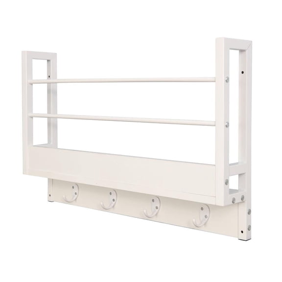 JJS Wood/Metal Floating Book Shelf with Coat Hooks Key Holder in White