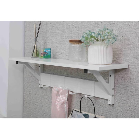 JJS Floating Shelf Coat Rack, Wall Mounted Storage Shelves with Coat Hooks Key Holder for Entryway Hallway Bathroom Living Room Bedroom, White, Set of 3…