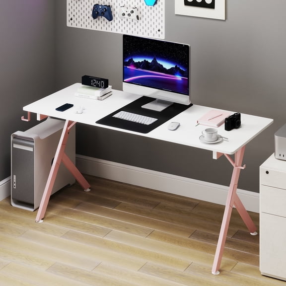 JJS Game Table 63 ", carbon fiber surface computer table, mouse pad, ergonomic e-sports style game table, dual headphone hooks, White pink