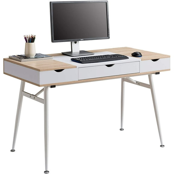 JJS Home Computer Desk, Writing Desk With Drawers, Contemporary Design Split Top Storage Modern Desk, Sturdy And Easy Assembly Spacious Desktop Mid Century Desk ,White Desks For Bedroom Dresser Table
