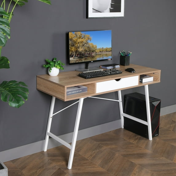 JJS Home Office Writing Desk with Drawers, Modern Computer Study Wooden Desk Table Laptop PC Workstation with Storage, Mid Century Oak