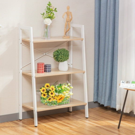 JJS Industrial 3-Tier Bookshelf, Freestanding Rustic Display Bookcase Storage Rack Shelf Plant Stand for Living Room Home Office, Oak/White