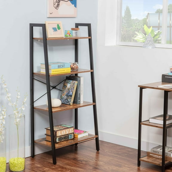 JJS Industrial 4-Tier Bookshelf, Freestanding Rustic Display Bookcase Storage Rack Shelf Plant Stand for Living Room Home Office, Brown